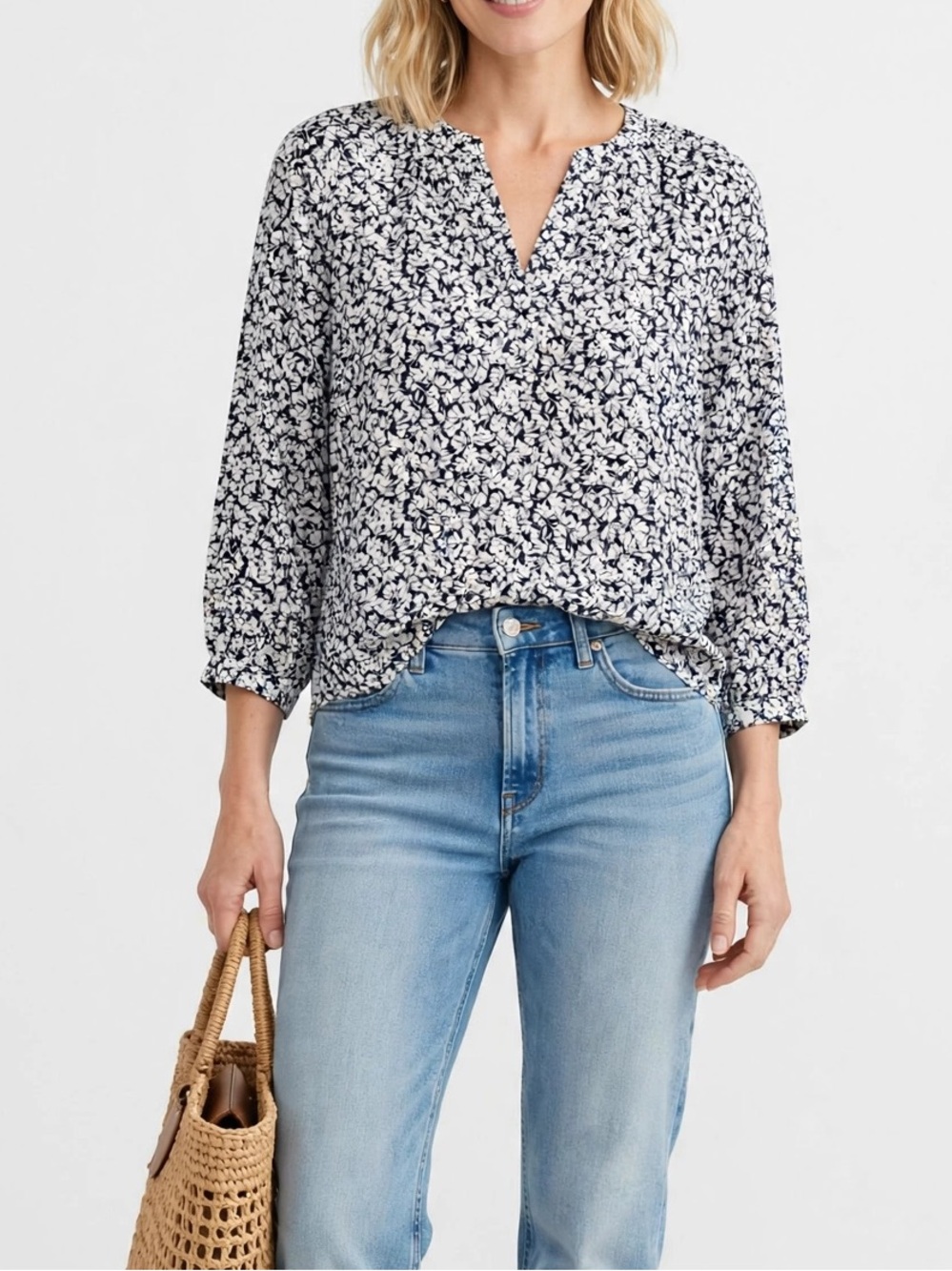 Mauvette Violetta Printed Split Neck Blouse - Navy & White Floral - Size M - NWT